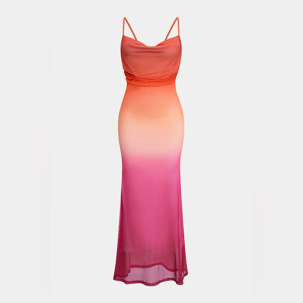 Spaghetti-Strap Ombre Maxi Dress in Red-Orange-Pink - Picture 2 of 5
